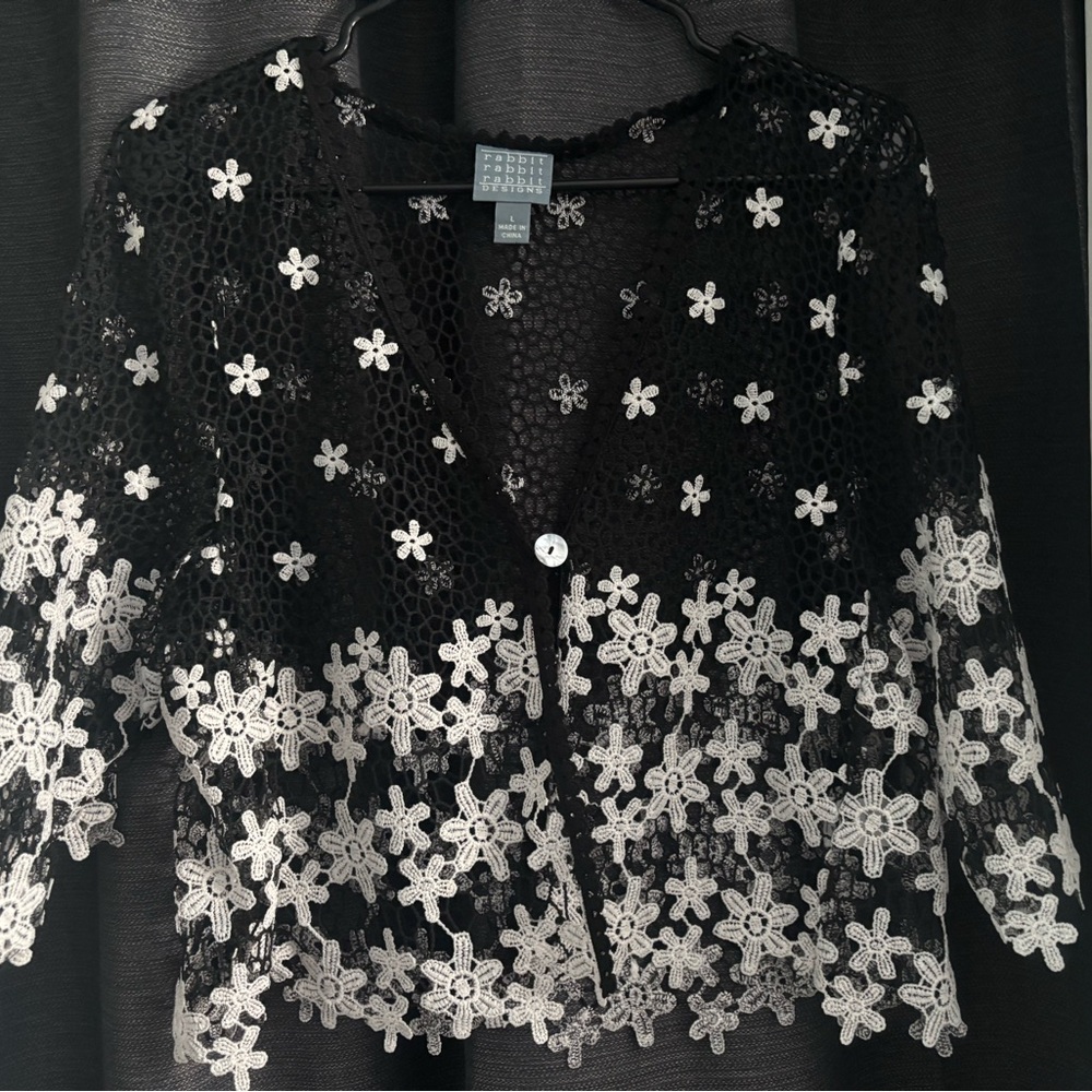 Rabbit Rabbit Rabbit Black and White Floral Crochet Blouse